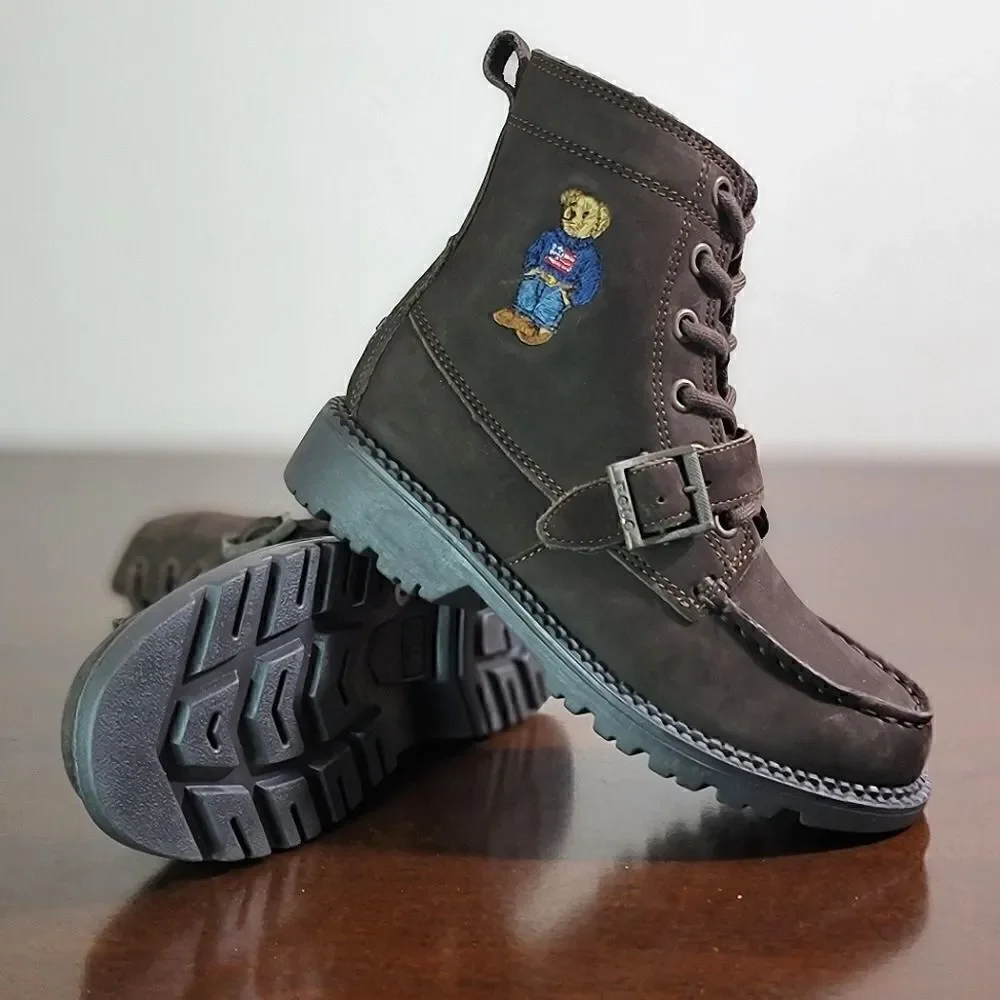 Polo Ralph Lauren Bear Leather Suede Brown Ranger Combat Boots Kids Sizes New
